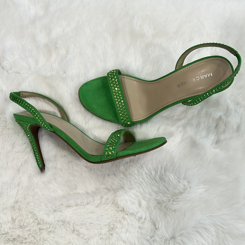 New Marc Fisher Betila Rhinestone Embellished Green Slingback Sandal Heels - Picture 2 of 12